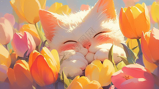 在美丽的郁金香花丛中一只卡通小猫图片