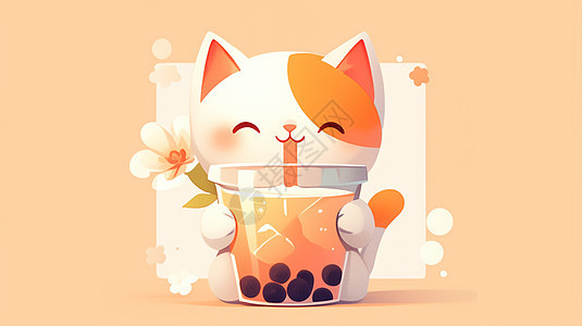 抱着奶茶正在喝的可爱卡通小猫图片