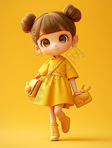 身穿黄色连衣裙背着斜挎包的卡通小女孩图片