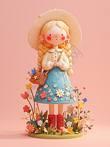 头上戴着大大的花朵草帽身穿蓝色花朵裙子的卡通卷发小女孩图片