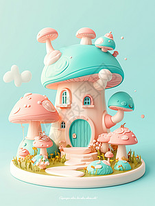 浅色系梦幻童话般的卡通蘑菇屋图片