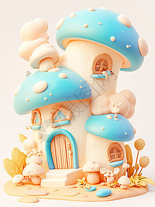 浅色系梦幻童话般的蘑菇屋背景图片