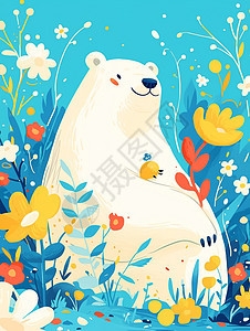 花丛中大大的可爱卡通白熊图片