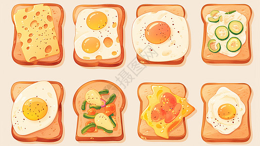 面包片上放着美味的鸡蛋与食材图片
