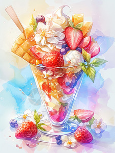 水彩风美味的冰激凌水果杯图片