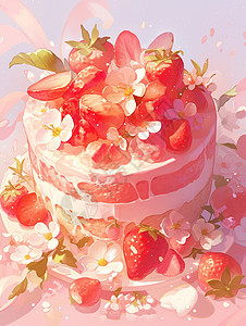 梦幻粉色草莓花朵奶油蛋糕图片