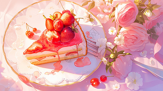 在白色盘子中粉色美味的甜品蛋糕图片