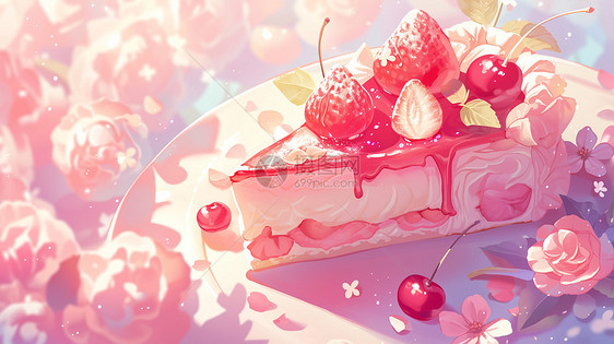 在盘子中梦幻粉色卡通甜品蛋糕图片