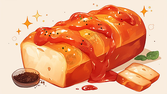 涂上很多番茄酱的卡通面包背景图片