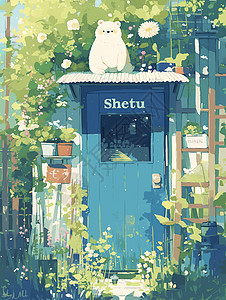 有蓝绿色门的卡通周边有很多植物且坐着一只小白熊图片