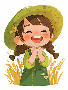 草帽在麦子地中开心笑的卡通女孩图片