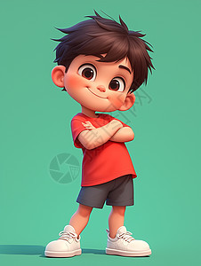 穿着红色T恤抱着肩膀的大眼睛可爱卡通小男孩图片
