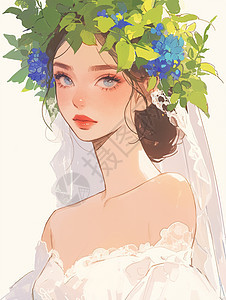 头上戴着植物花环身穿白色婚纱的卡通美女图片