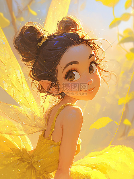 身穿黄色连衣裙有翅膀的卡通小女孩图片