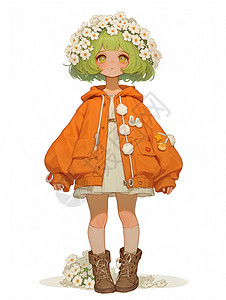 绿色短发可爱的小女孩头发上戴着很多小雏菊花朵图片
