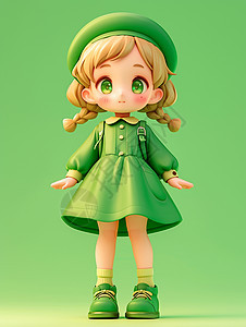 身穿绿色连衣裙头上戴着大大的帽子的立体卡通小女孩图片