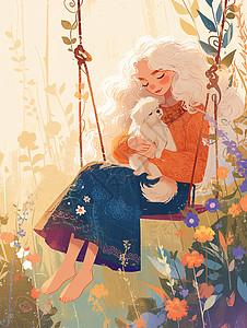 坐在秋千上抱着小狗荡秋千的卡通女孩图片