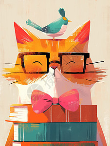 头上落着一只小鸟系着粉色领结的卡通橘猫在书籍旁图片