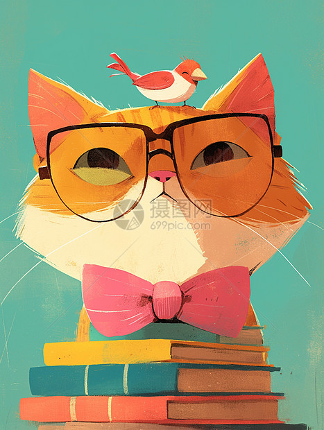 头上落着一只鸟系着粉色领结的卡通橘猫在书籍旁图片