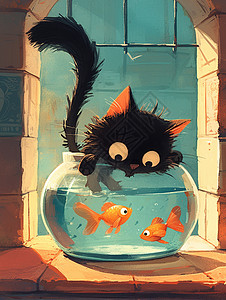 卡通小猫与鱼缸里的鱼图片