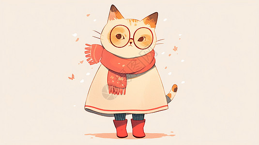围着红色围巾戴着眼镜的可爱卡通猫图片