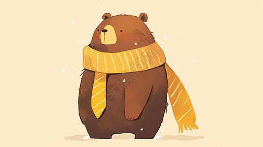 围黄色长围巾的卡通小棕熊插画图片