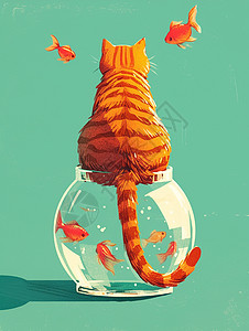 坐在透明玻璃鱼缸上的卡通大肥猫图片