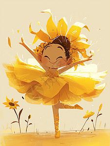身穿黄色连衣裙开心跳舞的卡通女孩图片