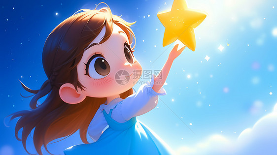 开心摘星星的可爱卡通小女孩图片