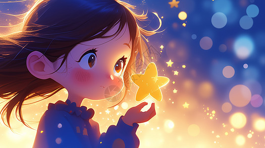 开心摘星星的卡通小女孩图片