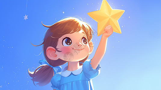 摘星星的可爱卡通小女孩图片
