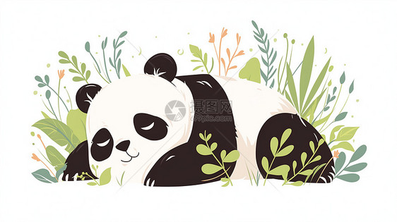趴在草丛中睡觉的可爱卡通大熊猫图片