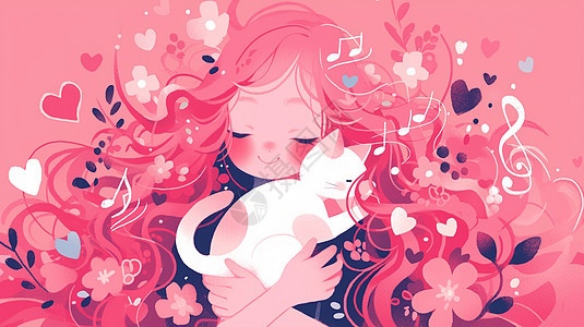 粉色长发漂亮可爱的卡通女孩抱着白猫图片