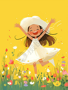 穿着白色连衣裙在花丛中举起双手欢呼的卡通女孩图片