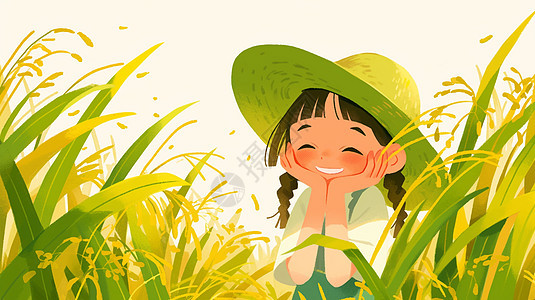 在麦子地中开心大笑的小女孩头上戴着草帽图片