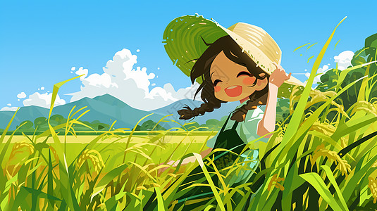 在麦子地中大笑的卡通小女孩头上戴着草帽图片