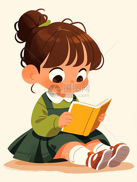 正在看书的可爱卡通小女孩图片