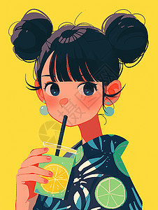 清凉夏日正在喝橙汁的卡通女孩图片