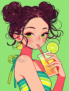 夏日正在喝橙汁的卡通女孩图片