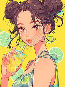清凉夏日正在喝橙汁的女孩图片
