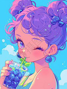 紫色头发梳着丸子头开心喝饮料的女孩图片