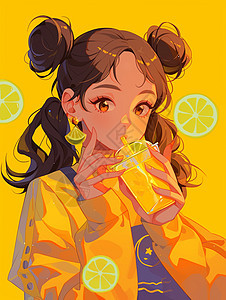 大眼睛时尚漂亮的卡通女孩清凉夏日在喝橙汁图片