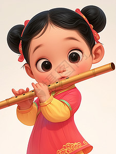 正在吹笛子的可爱的卡通小女孩图片