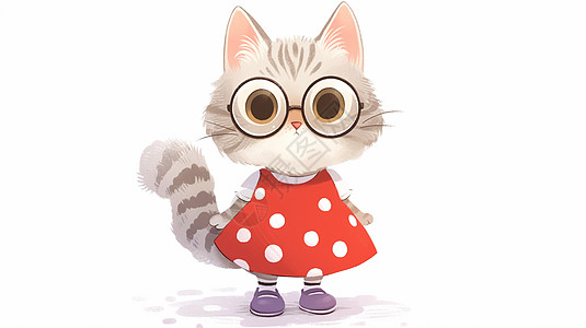 一只可爱的卡通小花猫穿着红色连衣裙戴着黑框眼镜图片