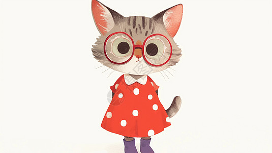 一只可爱的卡通小花猫穿着红色连衣裙戴着眼镜图片