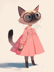 身穿粉色连衣裙的戴着黑框眼镜的小猫图片