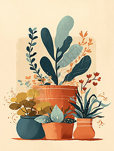 几盆摆放在一起的卡通盆栽植物图片