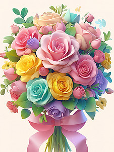 彩色玫瑰花束3D图标图片