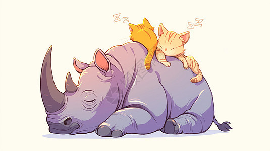 趴在犀牛背上的可爱卡通小猫图片