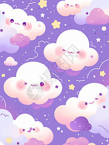 紫色天空上飘着几朵可爱的卡通云朵图片